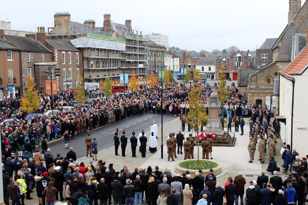 Crowds gathered around the War Memorial in Bishop Auckland Market Place for Remembrance Sunday